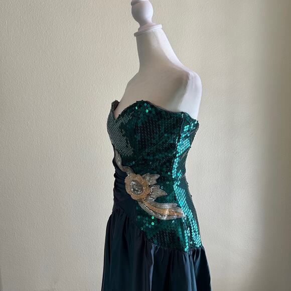 Vintage Nadine Formal Dress SZ7 Strapless Sequin Satin Green Whimsygoth 80s Prom - Picture 4 of 12